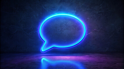 A bright blue neon advertisement in the shape of a speech bubble lights up in front of a dark, textured background. The reflective surface underneath gives the scene a purple tint with copy space.AI 