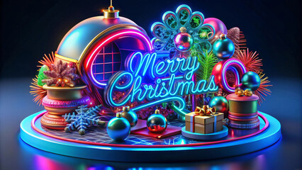 Bright,colorful arrangement features a bright "Merry Christmas" sign surrounded by festive ornaments, gift boxes and ornaments.Neon lights and bright decorations create a joyous holiday atmosphere.AI 