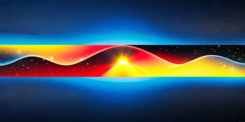 Vivid band of colors runs across the picture, with red, yellow and blue hues, an undulating landscape, with small star-like spots.Dark environment provides a striking contrast with the copy space. AI 