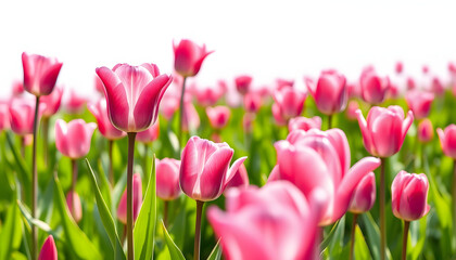 Fototapeta premium Pink png tulip field transparent background isolated with white highlights, png