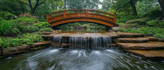 Fototapeta premium A Wooden Bridge Over a Cascading Waterfall in a Tranquil Garden
