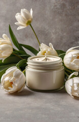 White jar of skin hand made organic eco friendly vegan cream. Delicate gentle photo with tulip flowers in a frame. Still life minimalistic beauty cosmetics care natural light template.	