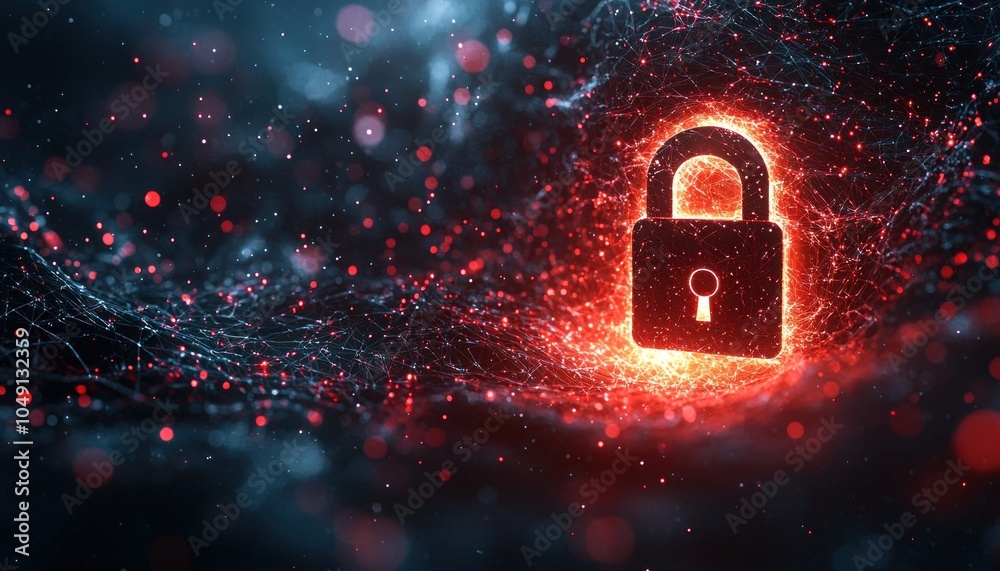 Poster A glowing padlock symbol set against a dark background with a digital network effect.