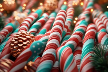 Fototapeta premium Candy Cane Christmas Decorations Festive Red and White Striped Candies for Holiday Cheer, Perfect for New Year's Eve Parties, Winter Celebrations, and Christmas Decor