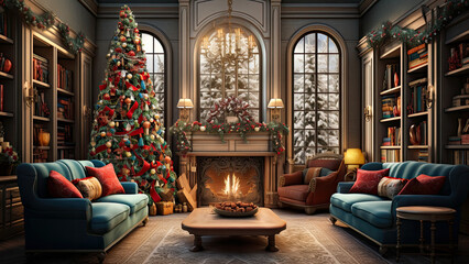 Interior of traditional room background decorated for Christmas holiday bookshelf fireplace. Window of snowy trees and mountains. Teams backdrop virtual online presentation remote video call meeting.