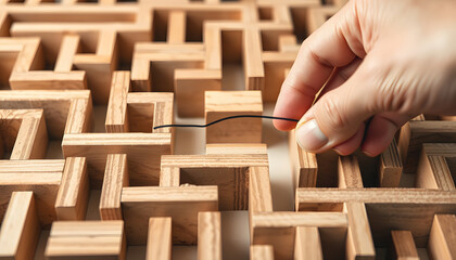 Hand draw a shorten straight line to go through the complication of a maze game, built by wood blocks, shorten process, simplify, and communication concept isolated with white highlights, png