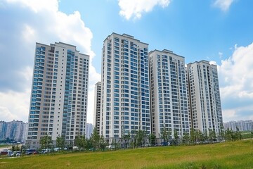 Fototapeta premium New modern block of flats in green area. residential apartment with flat buildings exterior. luxury house complex. Part of City Real estate property, condo architecture.generative ai