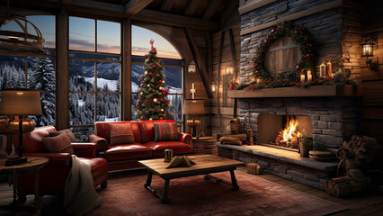 Interior of rustic cabin lodge room background decorated for Christmas holiday and fireplace. Window of snowy trees and mountains. Teams backdrop virtual online presentation remote video call meeting.