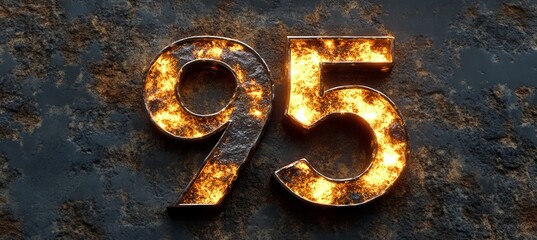 Glowing Number 95, Ninety Five, Rendered with Blazing Hot Texture on Dark Grunge Background