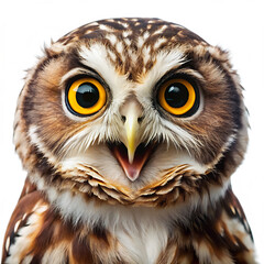Obraz premium Close up portrait of a surprised Owl isolated on white background as transparent. PNG. AI GENERATED