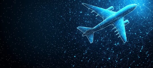 Naklejka premium Abstract Wireframe Airplane Flying on Blue Background Travel, Transportation, Innovation.