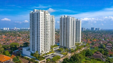 Naklejka premium Surabaya, Indonesia - September 04 2024 : High-rise apartments line the expansive cityscape on a sunny day, showcasing modern architecture amidst clear blue skies and green surroundings. generative ai