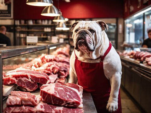 Bulldog wearing an apron stands at a butcher shop counter surrounded by fresh meat