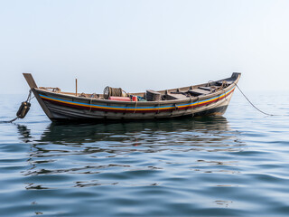Obraz premium A boat gently floats on calm water, reflecting the surrounding scenery in a serene setting.