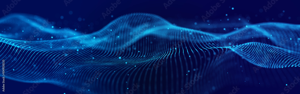 Poster futuristic wave of dots with moving particles. abstract technology background. 3d visualization of b