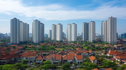 Naklejka premium Surabaya, Indonesia - September 04 2024 : High-rise apartments line the expansive cityscape on a sunny day, showcasing modern architecture amidst clear blue skies and green surroundings. generative ai