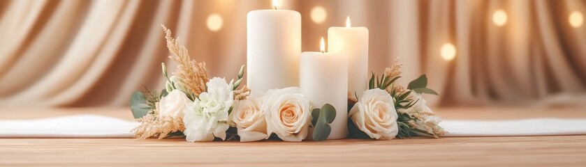 Obraz premium Romantic Winter Wedding Ceremony Decor with Candles and a Cozy Fireplace, Creating a Warm and Intimate Atmosphere for Your Special Day