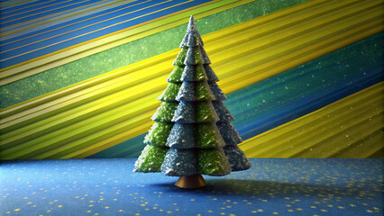 A stylized Christmas tree with green and blue layers stands on a blue surface decorated with small star patterns. The background has green and blue diagonal stripes to create a festive atmosphere. AI 