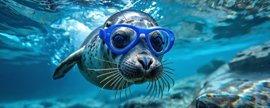 A playful seal wearing blue goggles swims gracefully underwater in a vibrant marine environment