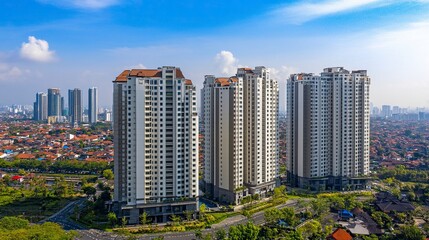 Obraz premium Surabaya, Indonesia - September 04 2024 : High-rise apartments line the expansive cityscape on a sunny day, showcasing modern architecture amidst clear blue skies and green surroundings. generative ai