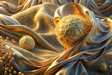 The golden, spherical structures are embedded in luxurious, shiny silk-like materials. The intricate geometric patterns of the spheres create a harmonious blend of nature and design. AI generated.
