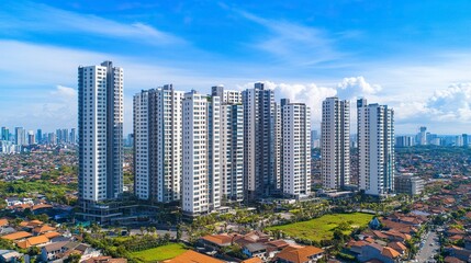 Obraz premium Surabaya, Indonesia - September 04 2024 : High-rise apartments line the expansive cityscape on a sunny day, showcasing modern architecture amidst clear blue skies and green surroundings. generative ai
