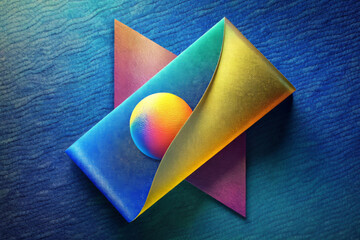 A vibrant, abstract composition features layered geometric shapes in iridescent colors with a prominent sphere in the center. The background has a subtle wave-like pattern. AI generated.