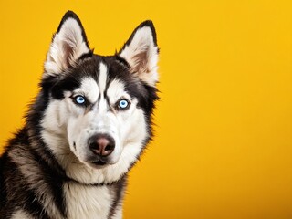 Fototapeta premium Siberian Husky with striking blue eyes poses against a bright yellow background