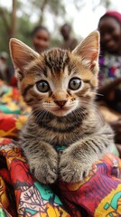 Adorable Tabby Kitten with Striking Green Eyes on Colorful Blanket with Bright Patterns Outdoors with People in the Background in a Warm Daytime Setting