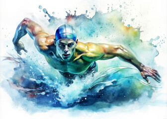 It depicts the swimmer in watercolor style while swimming, breaking through the drops of water with intense determination.The colorful background highlights the movement and dynamism of the scene. AI 