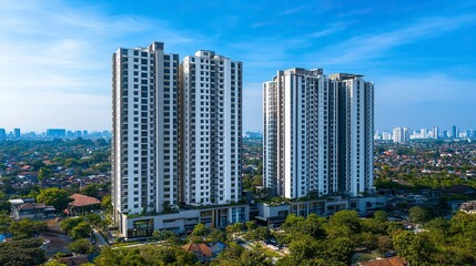 Naklejka premium Surabaya, Indonesia - September 04 2024 : High-rise apartments line the expansive cityscape on a sunny day, showcasing modern architecture amidst clear blue skies and green surroundings. generative ai