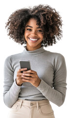 PNG Smiling young black woman holding a phone hair background sweater.