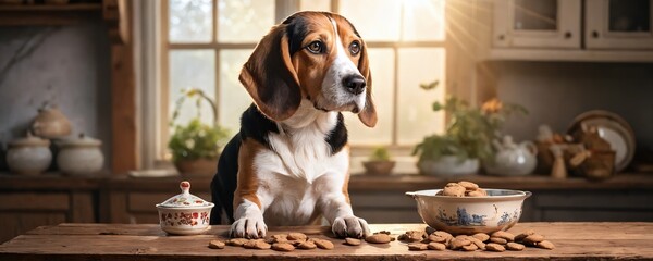 A curious beagle looks longingly at freshly baked cookies on a rustic kitchen table in warm afternoon light