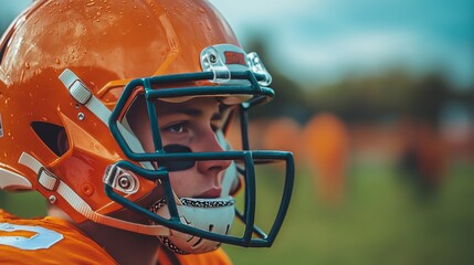 Focused Football Player At Training Camp,, Intense Gaze,, Sport, Competition,, Athleticism.