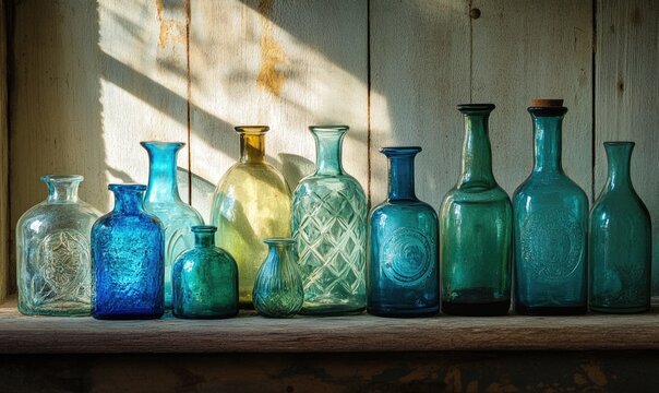 A row of blue and green glass bottles sit on a shelf