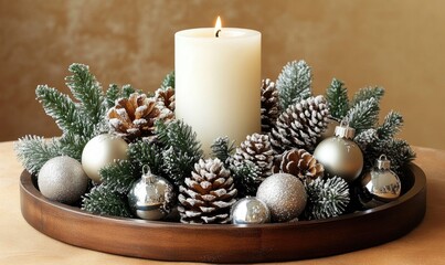 Fototapeta premium A candle is lit on a wooden tray with pine cones and Christmas ornaments