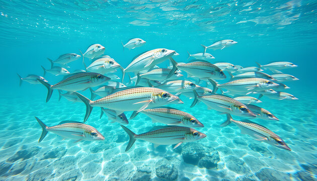 School of bonefish swimming close to the camera in shallow waters of Los Roques isolated with white highlights, png