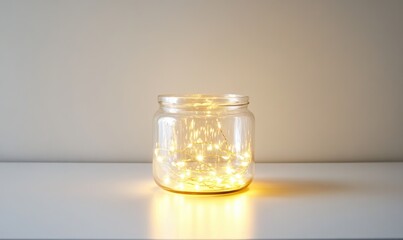 A jar filled with glowing lights sits on a white table