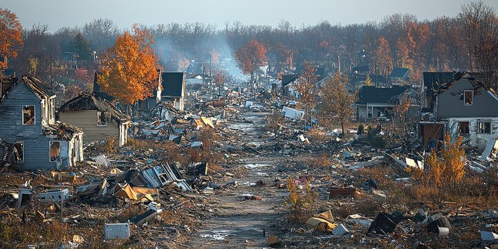 A Street of Rubble and Debris Following a Natural Disaster
