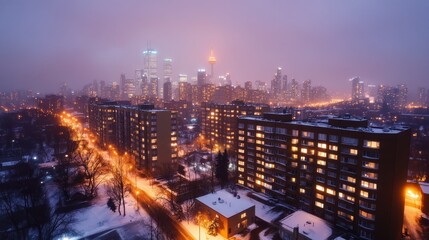 Obraz premium Stunning Night View of a Snowy Cityscape with Buildings Lit Up Against a Frosty Night Sky, Winter City Lights and Architecture Photography
