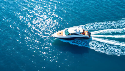 Naklejka premium Vacation and leisure. Aerial view on fast boat on blue sea at sunny day. Fast ship on the sea surface. Seascape from the drone. Seascape from air. Seascape with motorboat isolated with white highlig