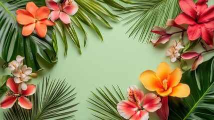 Fototapeta premium A vibrant arrangement of tropical flowers and leaves on a light green background, perfect for summer designs with ample copy space.