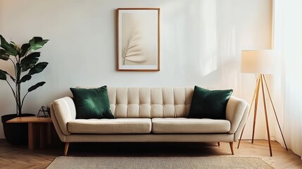 Minimalist Living Room Interior with Beige Sofa, Green Pillows, Picture Frame, and Floor Lamp.