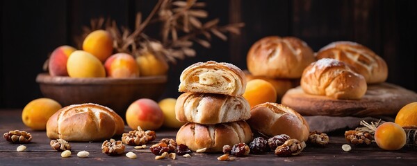 Freshly baked pastries and ripe apricots arranged beautifully on a wooden surface in a cozy kitchen setting