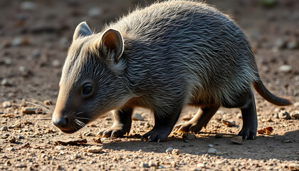 A wild wombat,  short-legged, muscular quadrupedal marsupial foraging on the ground, close up shot of native Australian wildlife species isolated with white highlights, png