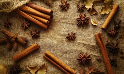 A bunch of cinnamon sticks and star anise are spread out on a cloth