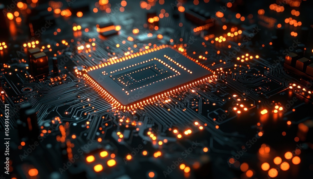 Poster Close-up of a glowing microprocessor chip on a circuit board