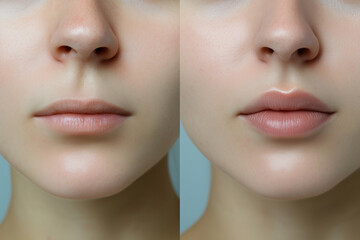 Before and after lip filler injections. Lip augmentation close-up. Plastic surgery.	