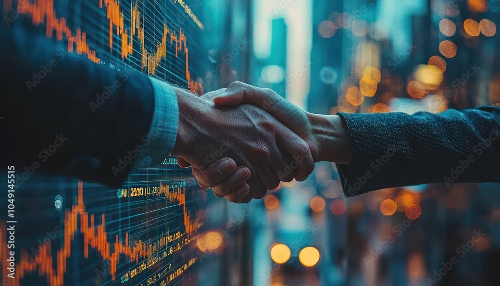 Poster handshake against a background of stock market data