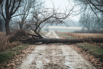 A fallen tree blocking a dirt road in a rural area, symbolizing obstacles and the quiet of nature